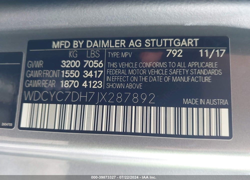 2018 MERCEDES-BENZ AMG G 63 4MATIC VIN: WDCYC7DH7JX287892