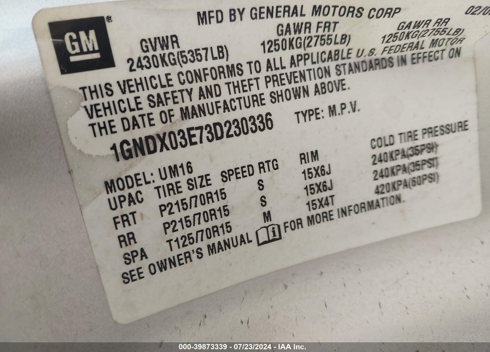 2003 CHEVROLET VENTURE LS VIN: 1GNDX03E73D230336