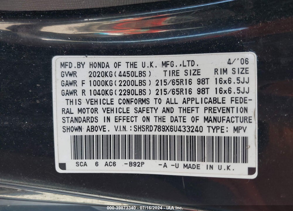 2006 HONDA CR-V SE VIN: SHSRD789X6U433240