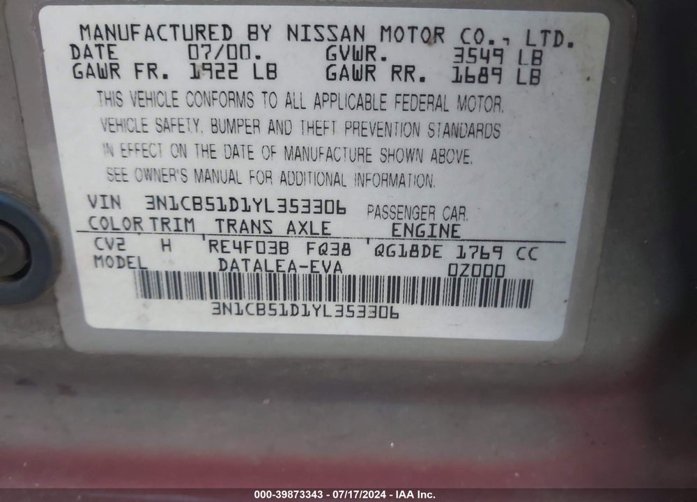 2000 NISSAN SENTRA GXE/XE VIN: 3N1CB51D1YL353306