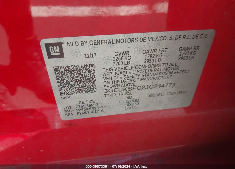 2018 CHEVROLET SILVERADO 1500 VIN: 3GCUKSEC2JG244773