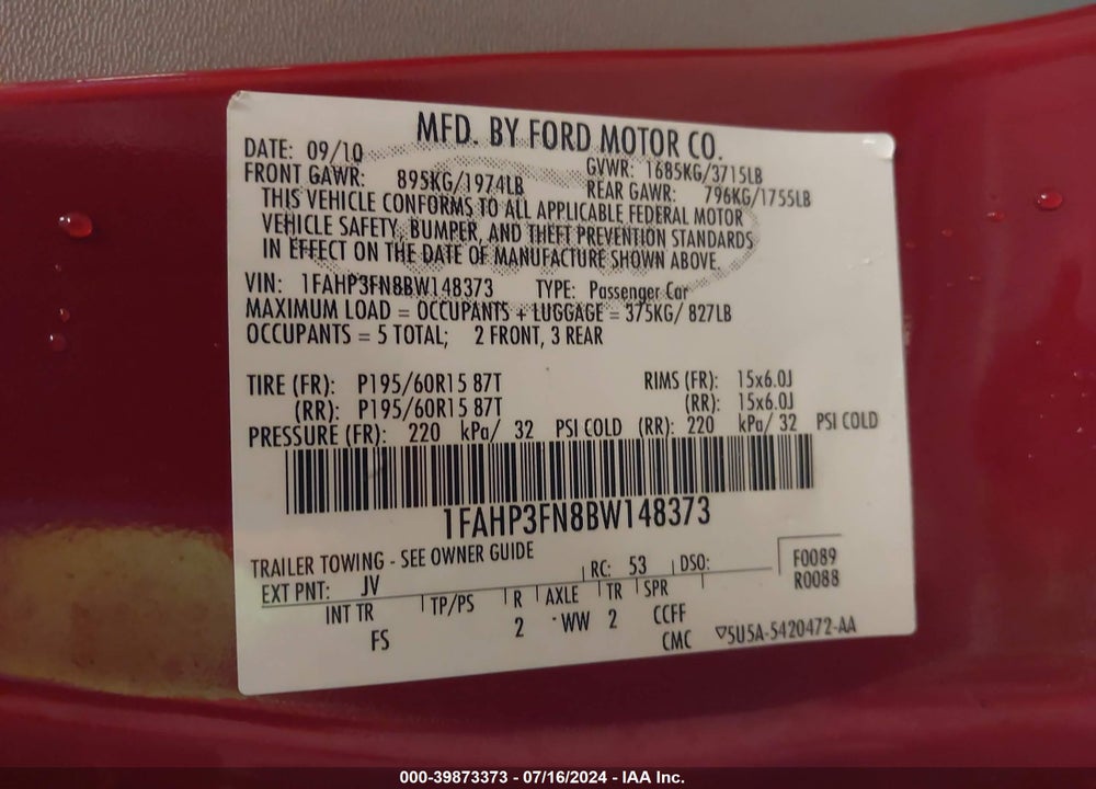 2011 FORD FOCUS SE VIN: 1FAHP3FN8BW148373