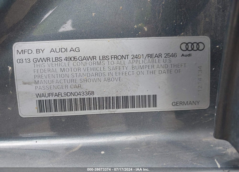 2013 AUDI A4 2.0T PREMIUM VIN: WAUFFAFL9DN043368