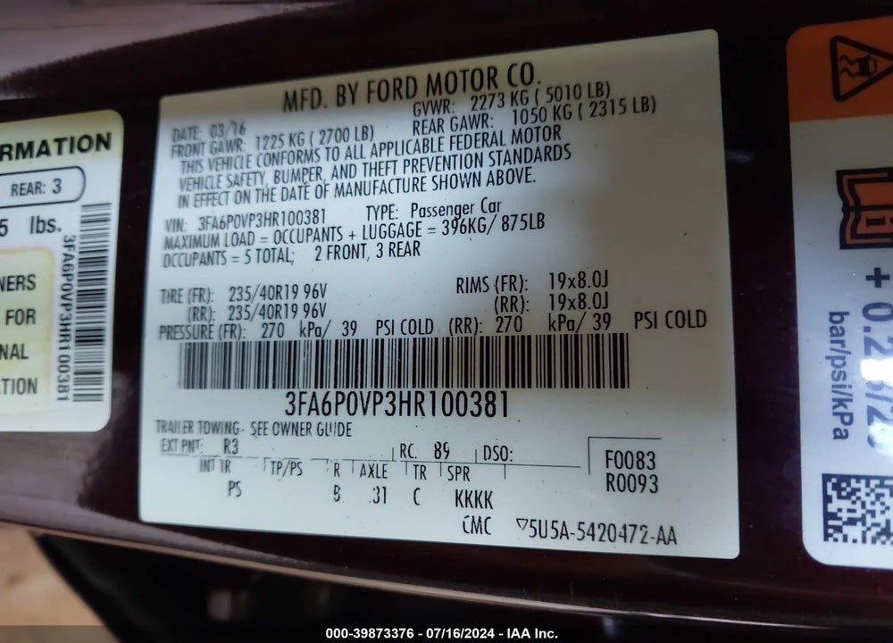 2017 FORD FUSION SPORT VIN: 3FA6P0VP3HR100381