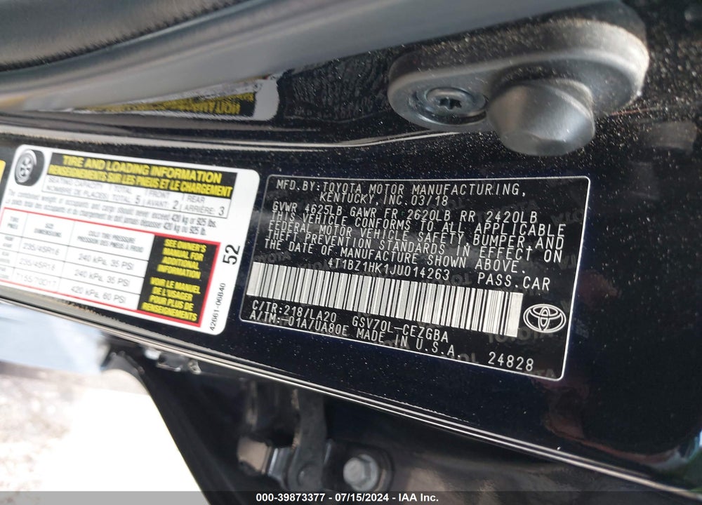 2018 TOYOTA CAMRY XLE V6 VIN: 4T1BZ1HK1JU014263
