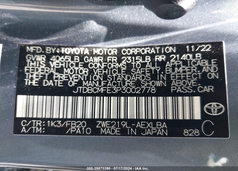 2023 TOYOTA COROLLA HYBRID LE VIN: JTDBCMFE3P3002778