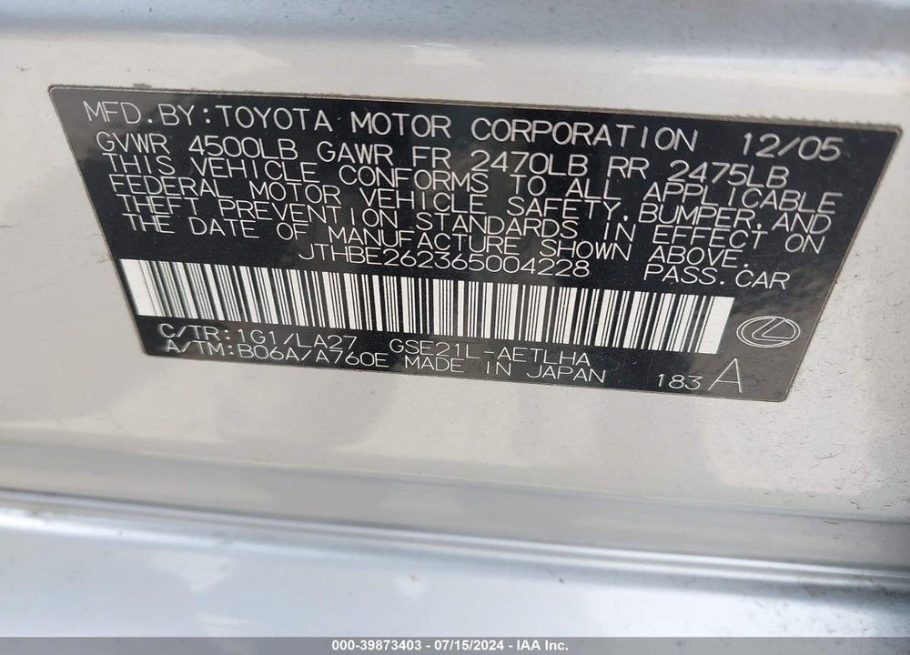 2006 LEXUS IS 350 VIN: JTHBE262365004228