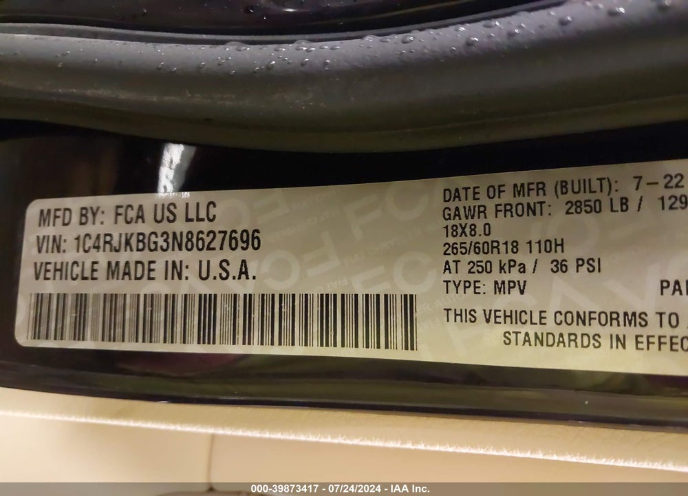 2022 CHEROKEE JEEP GRAND  L LIMITED 4X4 VIN: 1C4RJKBG3N8627696
