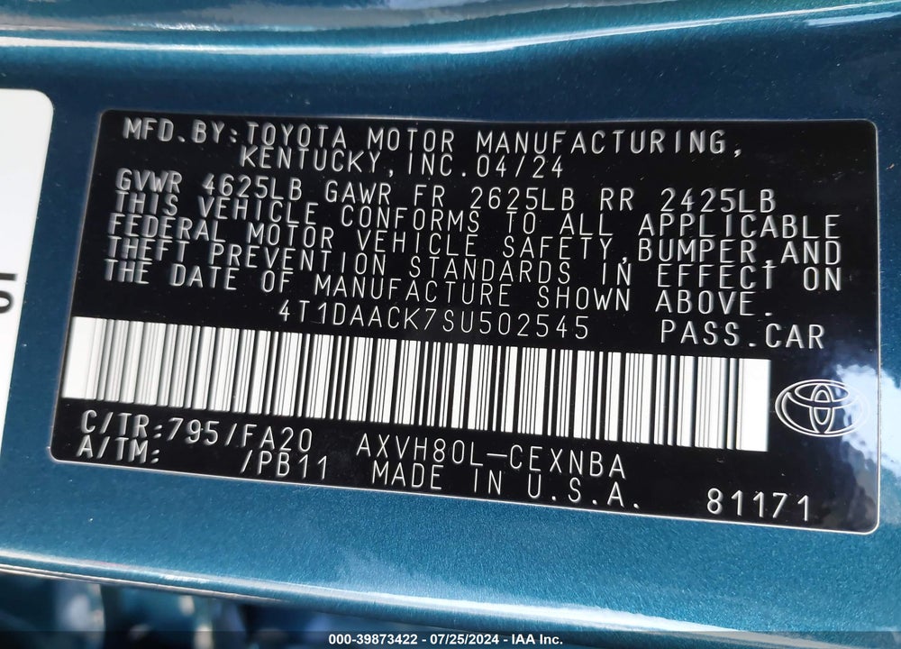 2025 TOYOTA CAMRY LE VIN: 4T1DAACK7SU502545