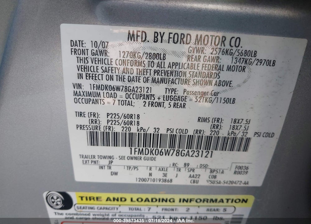 2008 FORD TAURUS X LIMITED VIN: 1FMDK06W78GA23121