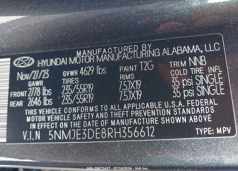 2024 HYUNDAI TUCSON LIMITED VIN: 5NMJE3DE8RH356612