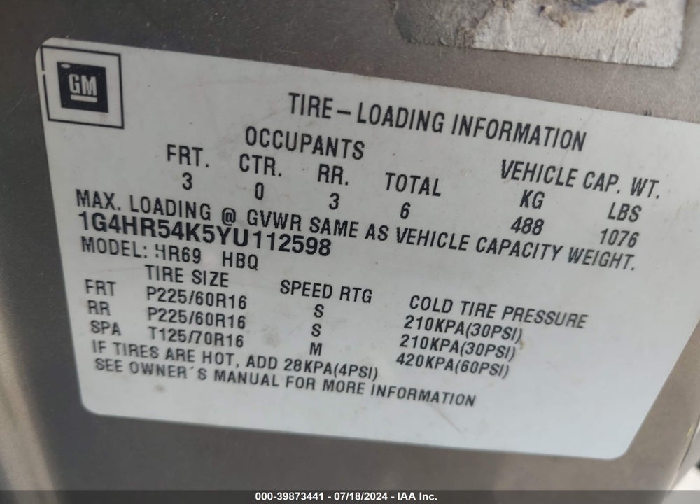 2000 BUICK LESABRE LIMITED VIN: 1G4HR54K5YU112598