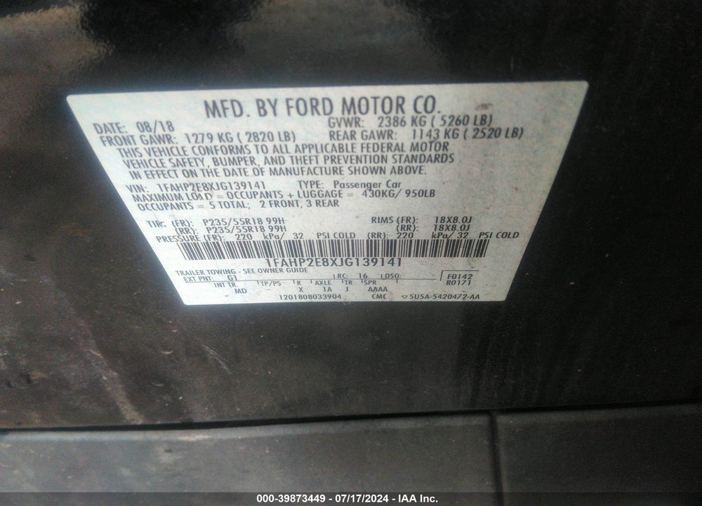 2018 FORD TAURUS SEL VIN: 1FAHP2E8XJG139141