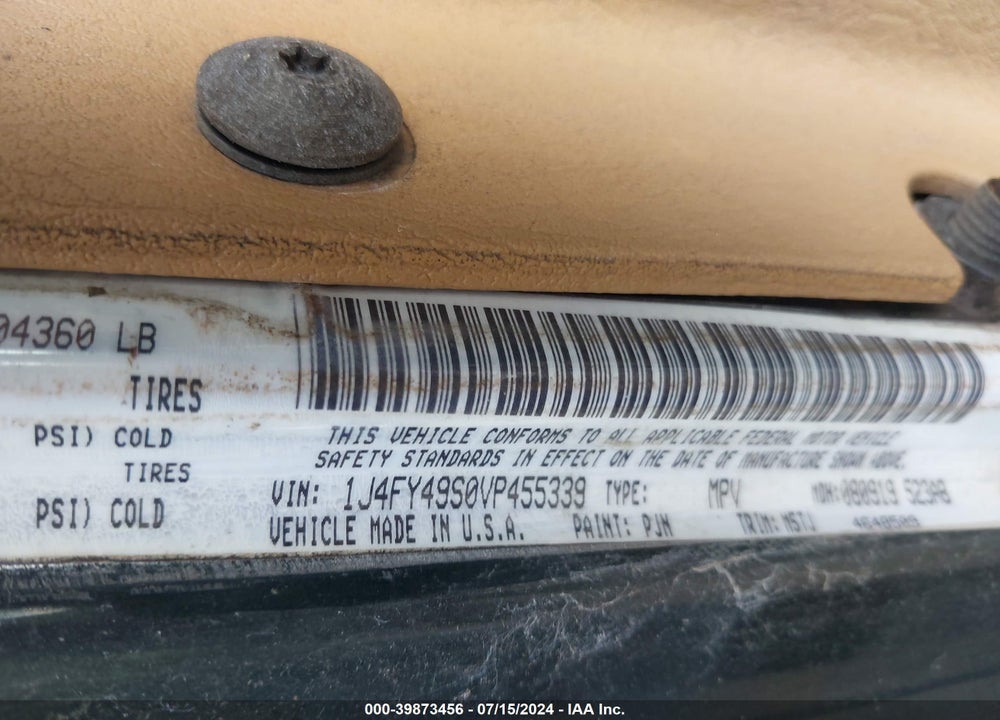 1997 JEEP WRANGLER SAHARA VIN: 1J4FY49S0VP455339