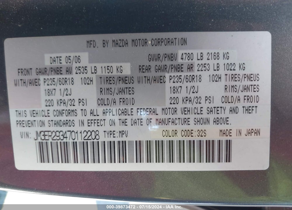 2007 MAZDA CX-7 GRAND TOURING VIN: JM3ER293470112208