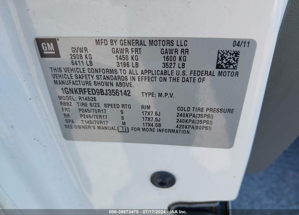 2011 CHEVROLET TRAVERSE LS VIN: 1GNKRFED9BJ356142