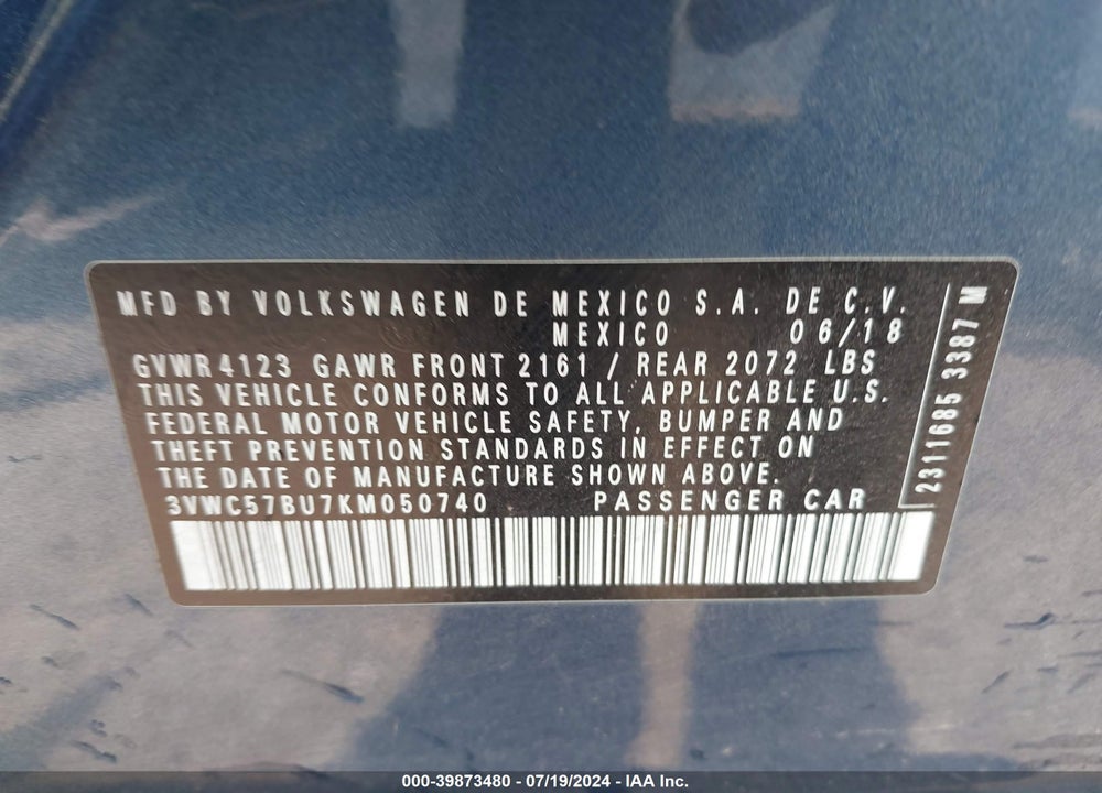 2019 VOLKSWAGEN JETTA 1.4T R-LINE/1.4T S/1.4T SE VIN: 3VWC57BU7KM050740