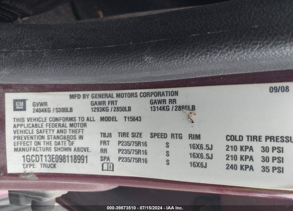 2009 CHEVROLET COLORADO LT VIN: 1GCDT13E098118991