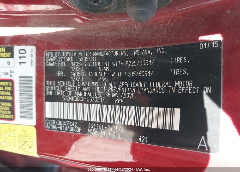 2015 TOYOTA SIENNA LE 8 PASSENGER VIN: 5TDKK3DC8FS573517
