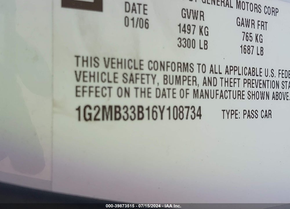 2006 PONTIAC SOLSTICE VIN: 1G2MB33B16Y108734