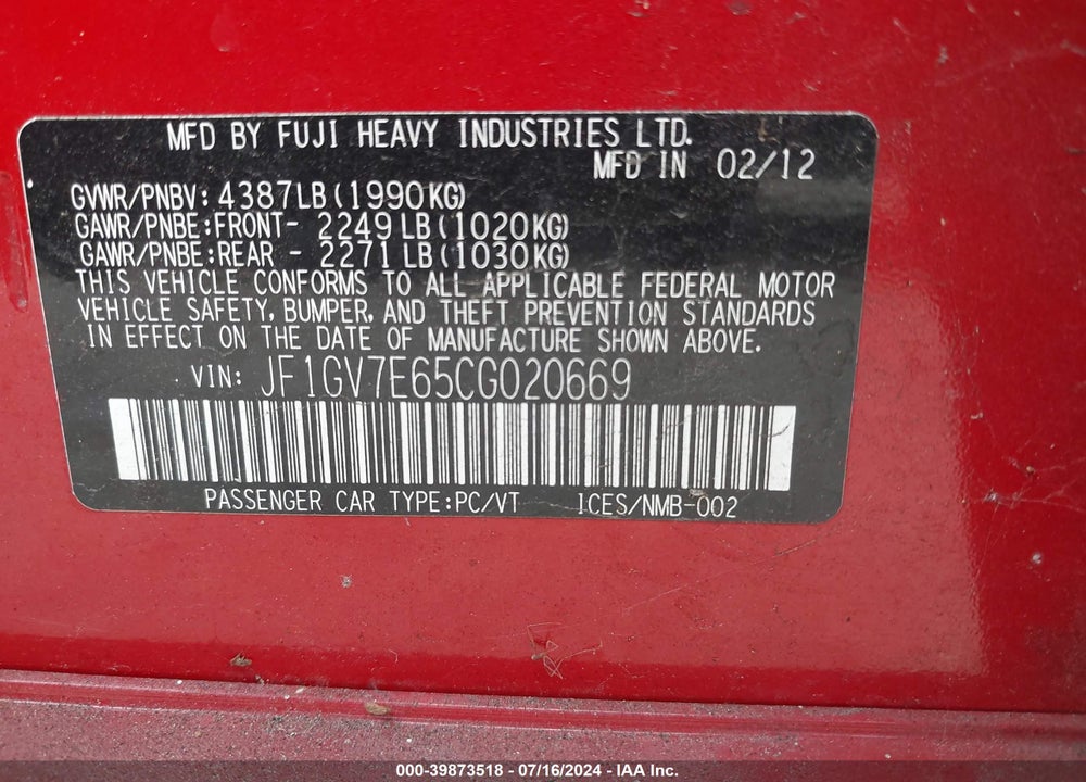 2012 SUBARU IMPREZA WRX VIN: JF1GV7E65CG020669