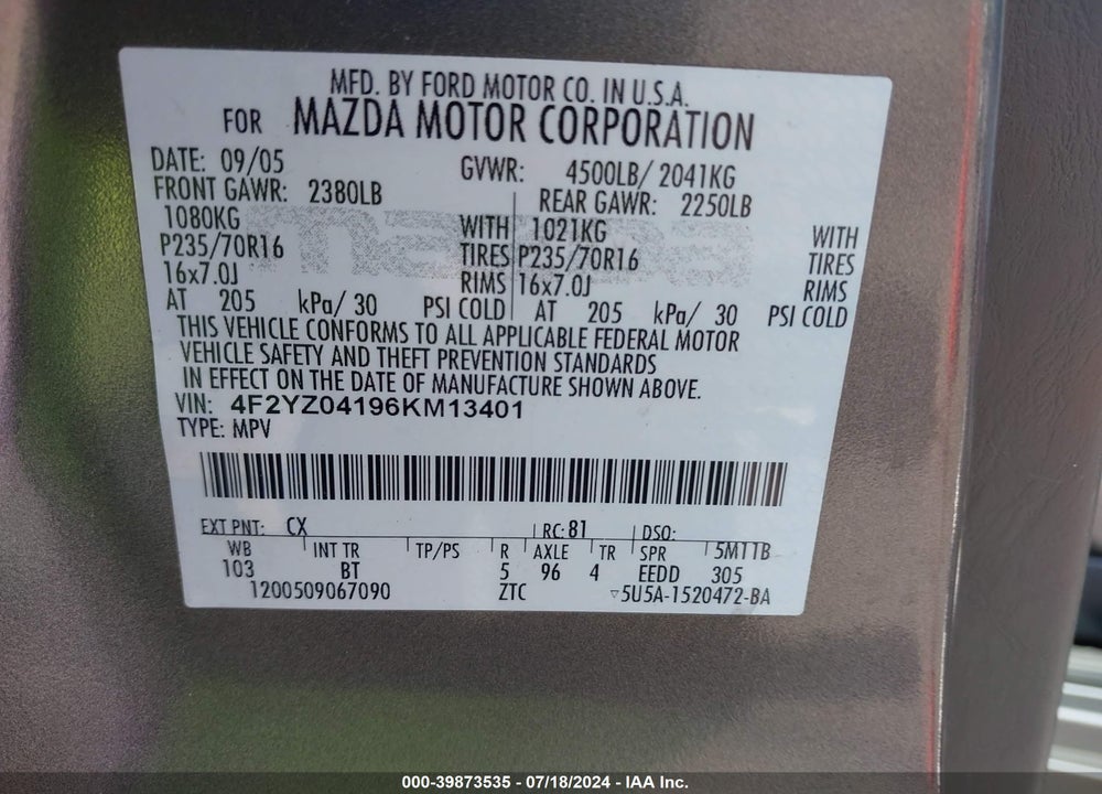 2006 MAZDA TRIBUTE S VIN: 4F2YZ04196KM13401