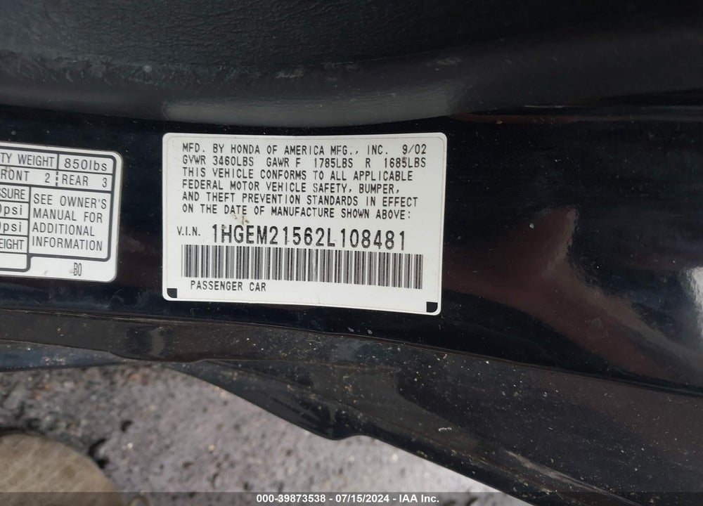 2002 HONDA CIVIC LX VIN: 1HGEM21562L108481