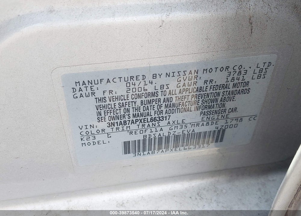 2014 NISSAN SENTRA SV VIN: 3N1AB7APXEL663317