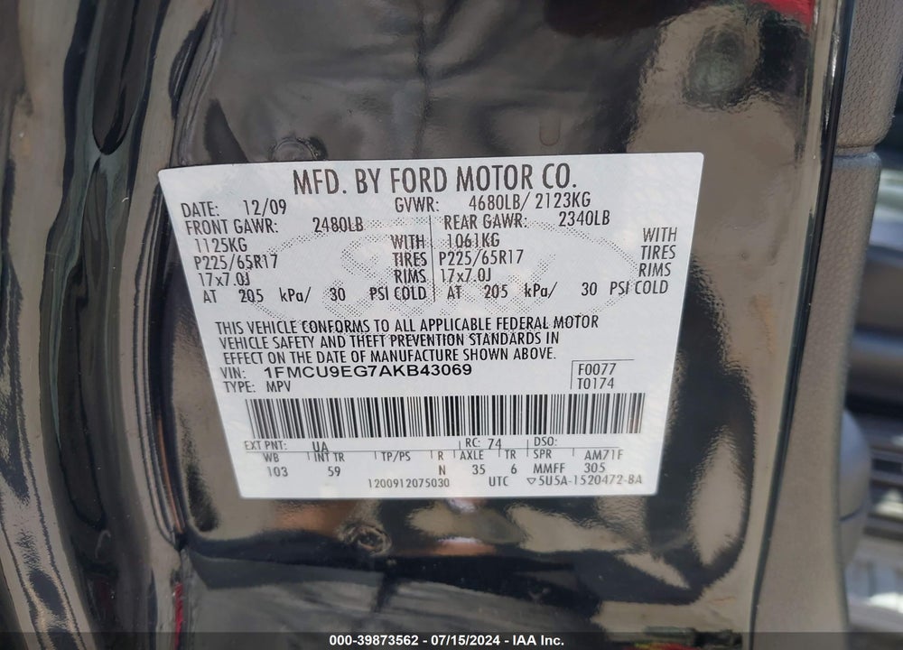 2010 FORD ESCAPE LIMITED VIN: 1FMCU9EG7AKB43069