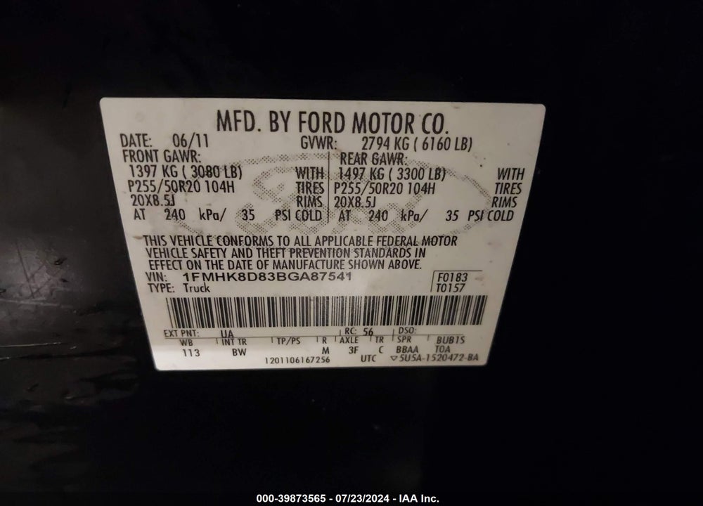 2011 FORD EXPLORER XLT VIN: 1FMHK8D83BGA87541