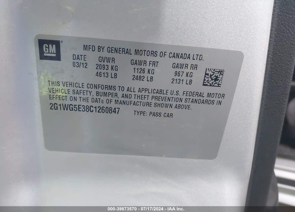 2012 CHEVROLET IMPALA VIN: 2G1WG5E38C1260847