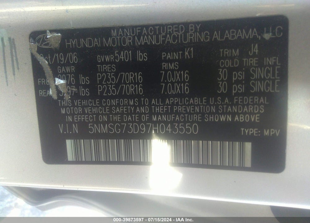 2007 HYUNDAI SANTA FE GLS VIN: 5NMSG73D97H043550