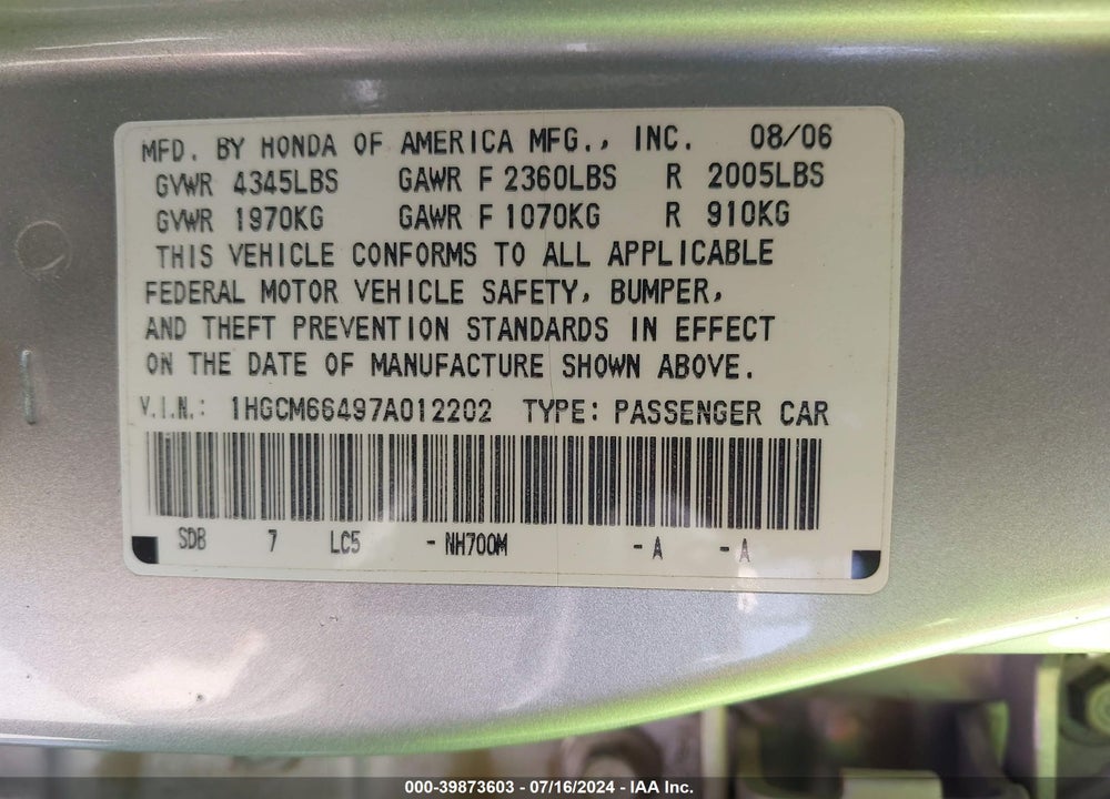 2007 HONDA ACCORD 3.0 SE VIN: 1HGCM66497A012202