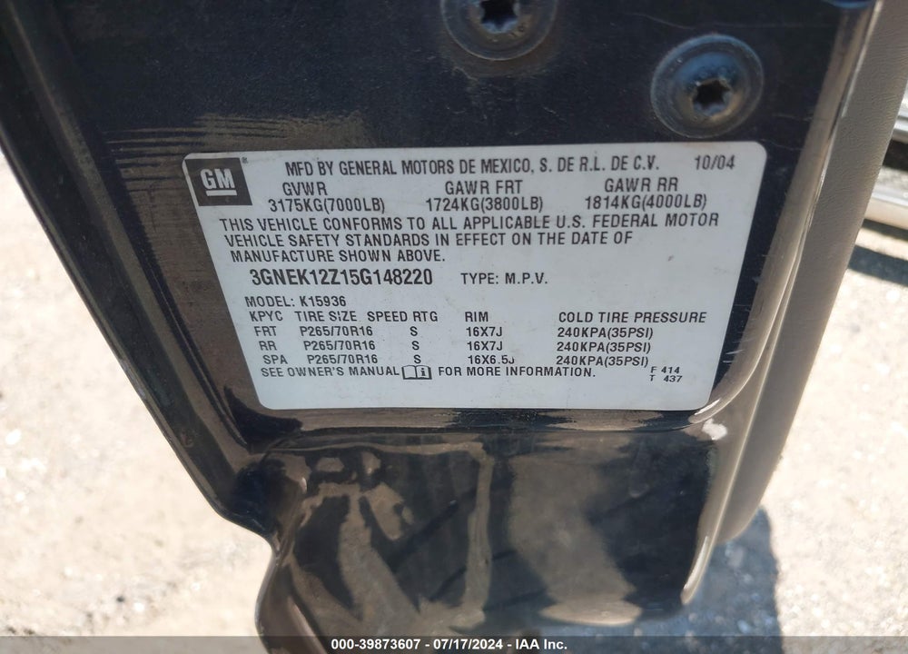2005 CHEVROLET AVALANCHE 1500 LS VIN: 3GNEK12Z15G148220