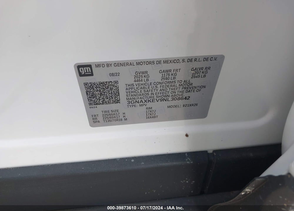 2022 CHEVROLET EQUINOX FWD LT VIN: 3GNAXKEV9NL308642