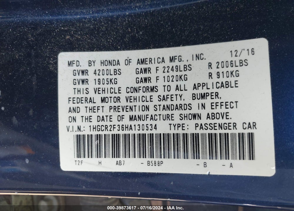 2017 HONDA ACCORD LX VIN: 1HGCR2F36HA130534