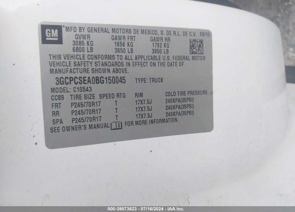 2011 CHEVROLET SILVERADO 1500 LT VIN: 3GCPCSEA0BG150045