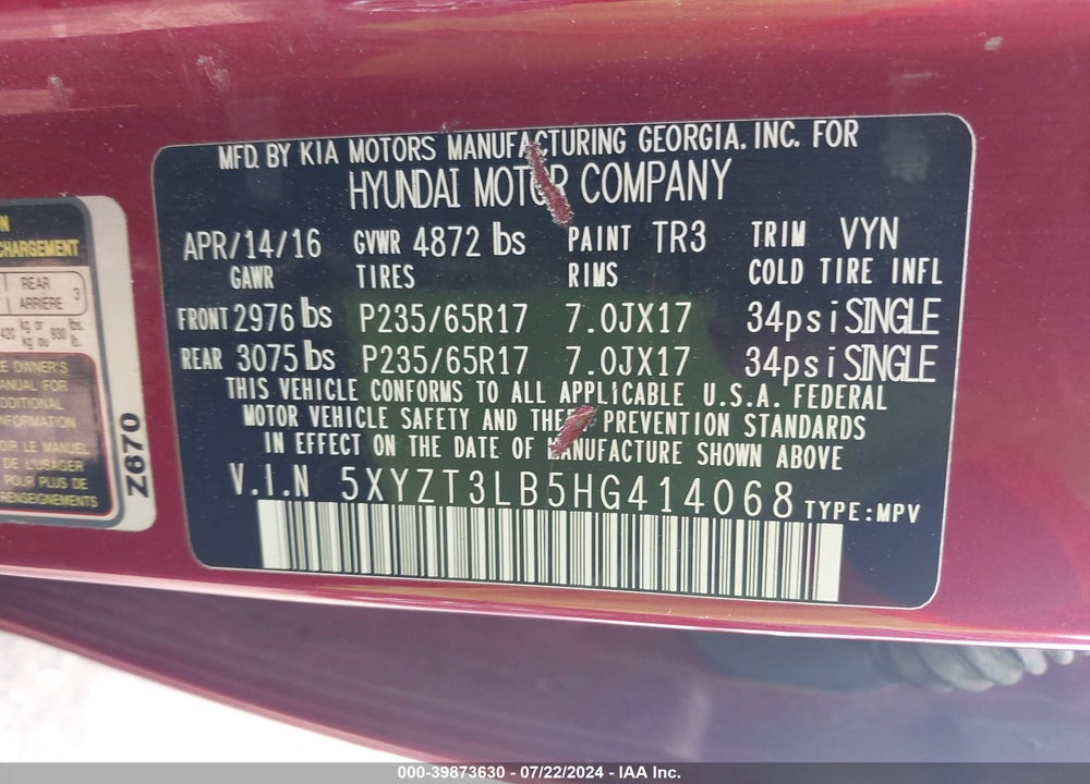 2017 HYUNDAI SANTA FE SPORT 2.4L VIN: 5XYZT3LB5HG414068