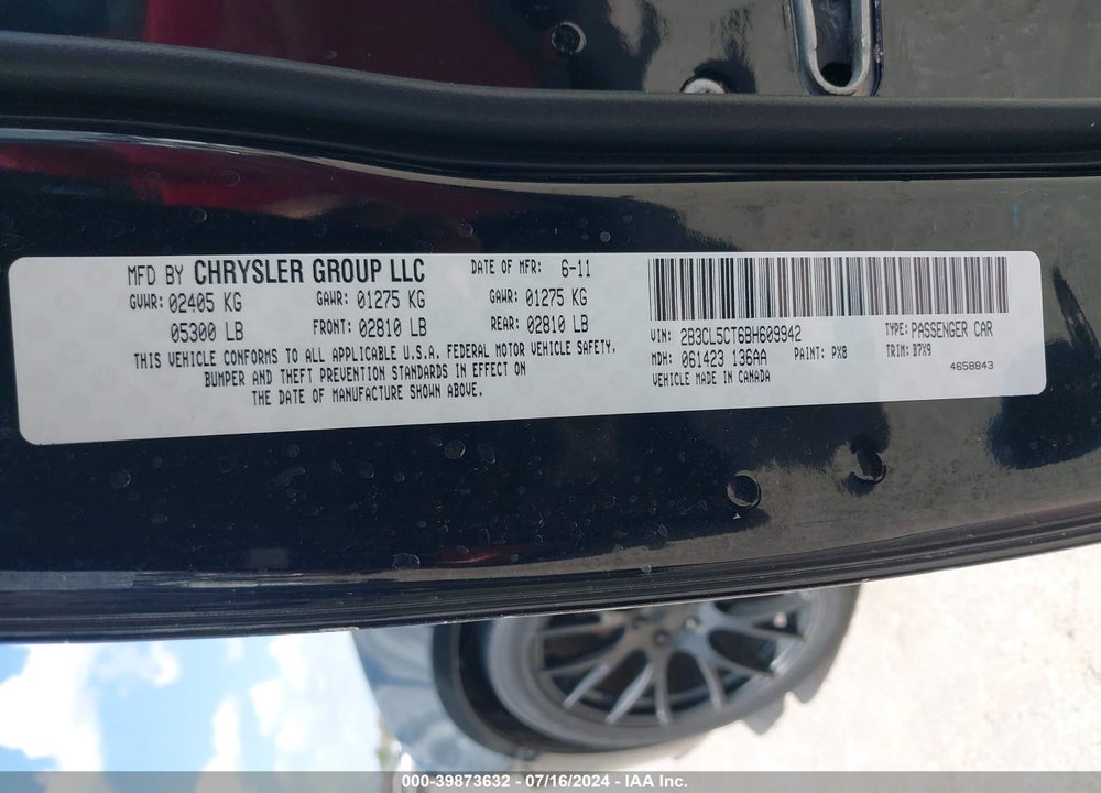 2011 DODGE CHARGER R/T VIN: 2B3CL5CT6BH609942