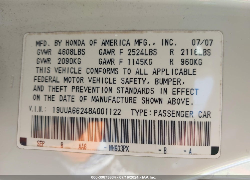 2008 ACURA TL 3.2 VIN: 19UUA66248A001122