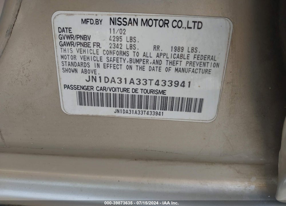 2003 NISSAN MAXIMA GLE VIN: JN1DA31A33T433941