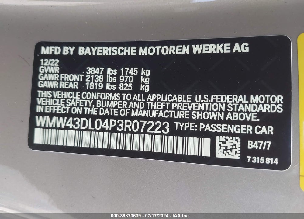 2023 MINI CONVERTIBLE COOPER S VIN: WMW43DL04P3R07223