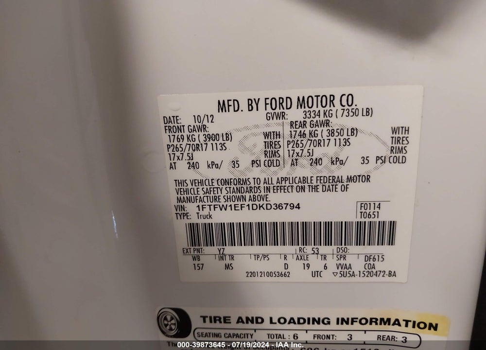 2013 FORD F-150 XLT VIN: 1FTFW1EF1DKD36794