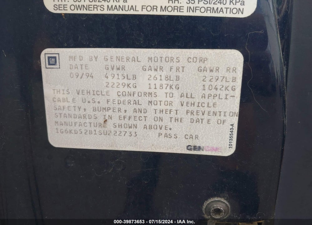 1995 CADILLAC DEVILLE VIN: 1G6KD52B1SU222733