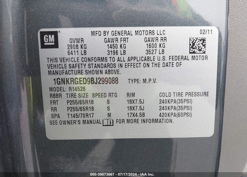 2011 CHEVROLET TRAVERSE 1LT VIN: 1GNKRGED9BJ299088