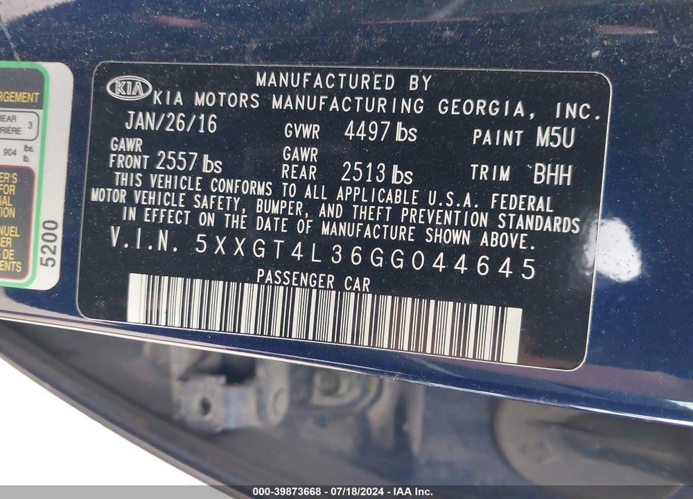 2016 KIA OPTIMA LX VIN: 5XXGT4L36GG044645