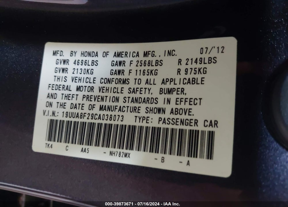 2012 ACURA TL 3.5 VIN: 19UUA8F29CA038073