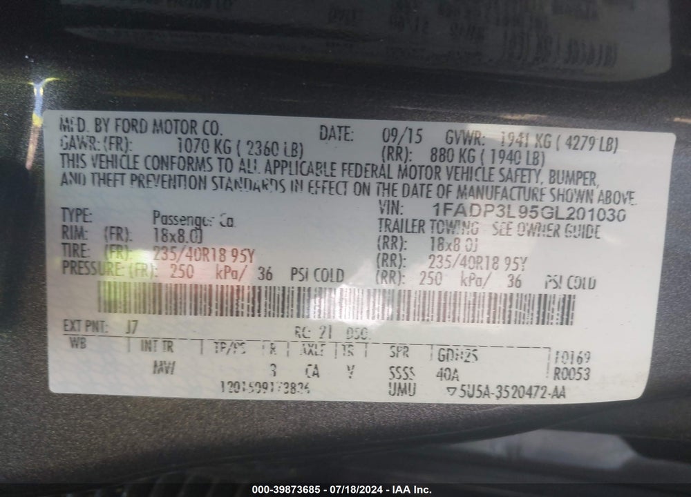 2016 FORD FOCUS ST VIN: 1FADP3L95GL201030