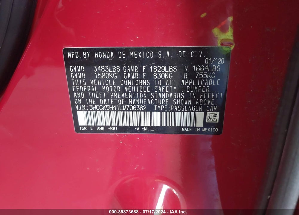 2020 HONDA FIT VIN: 3HGGK5H41LM706362
