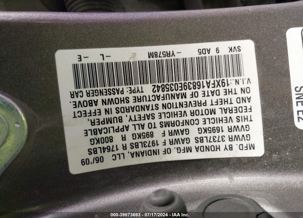 2009 HONDA CIVIC EX VIN: 19XFA16839E035842